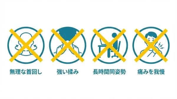 むちうちで避けたい行動を示す図 無理な首回し 強い揉み 長時間同姿勢