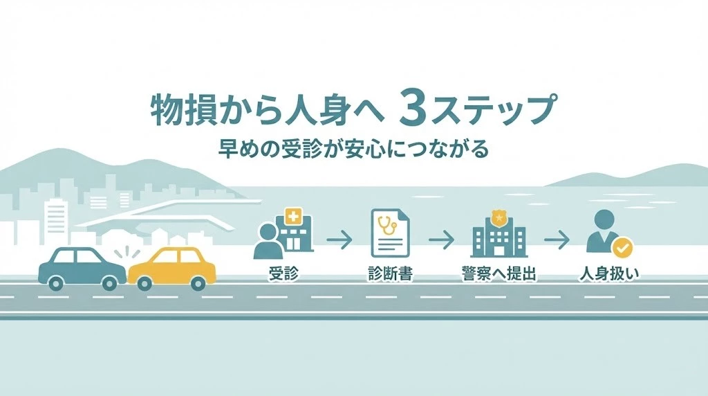 横須賀市の追突事故で物損から人身へ切り替える流れを示すヒーロー画像
