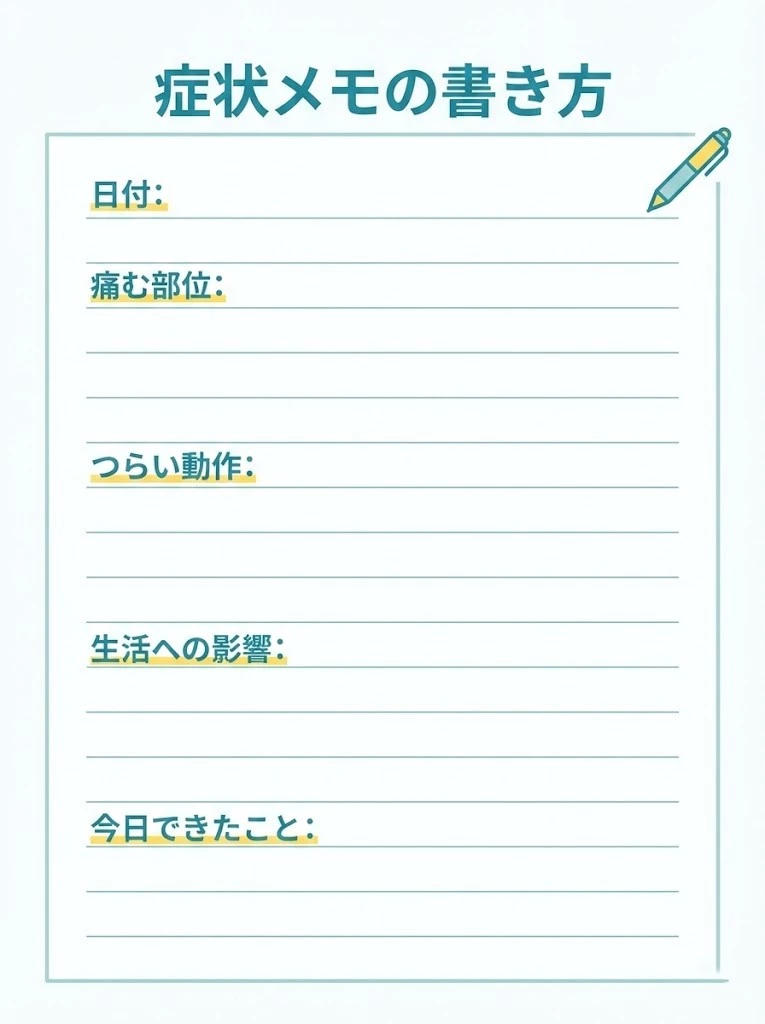 追突事故後の痛み、生活動作、通院内容を記録する症状メモ