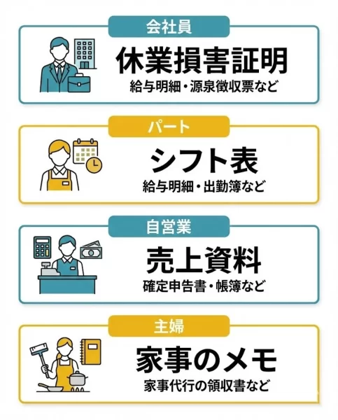 横須賀市の追突事故における休業損害の必要書類を立場別にまとめた図
