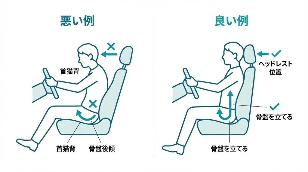 交通事故後の運転姿勢チェック 交通事故後の運転で首と腰の負担を調整する座席とヘッドレストの位置