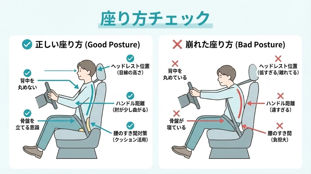 交通事故後に首や腰への負担を減らすための運転席の座り方チェック