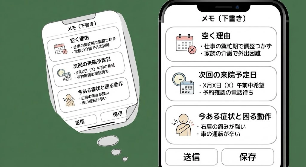 交通事故後、通院が空く時の連絡例 交通事故後に通院間隔が空く理由と現在の症状と次回予定を伝える例