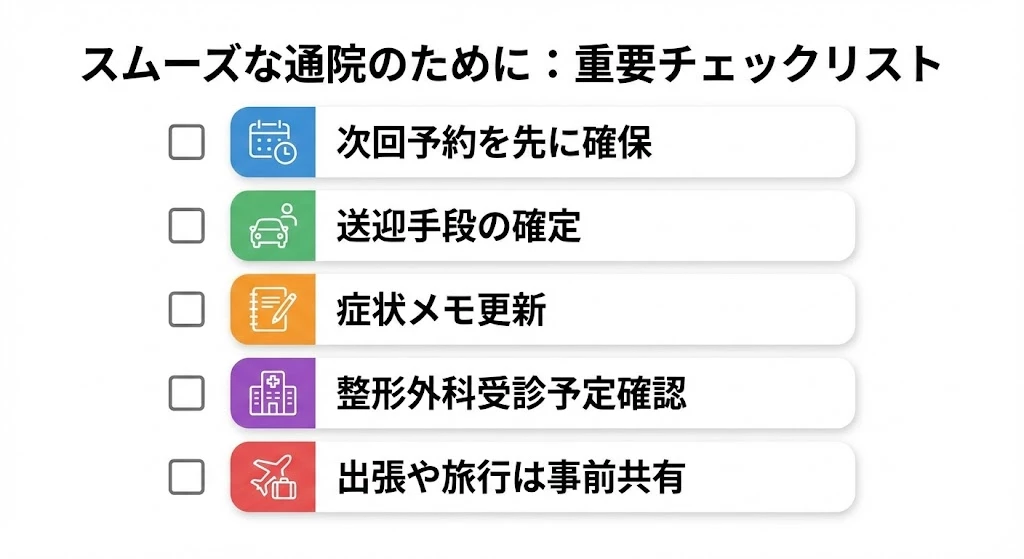 交通事故後、通院が空く前の準備チェック 交通事故後に通院間隔が空く前に次回予約や症状メモを確認するチェック画像