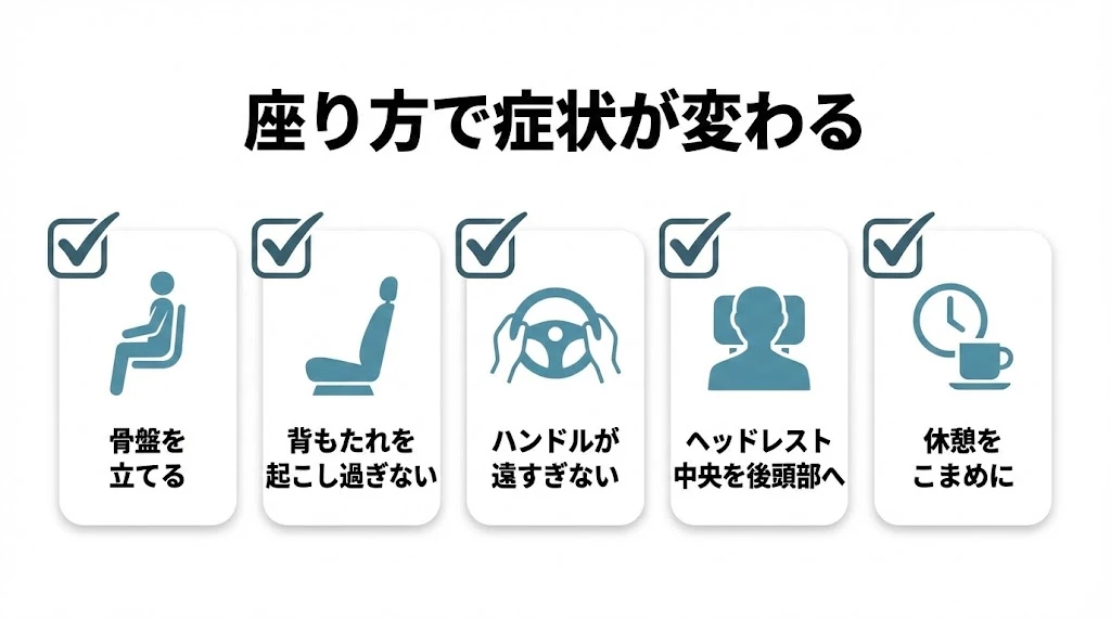 交通事故後の車内姿勢とシート位置の確認 交通事故後に車内で首と腰の負担を増やしにくくする座り方の確認項目