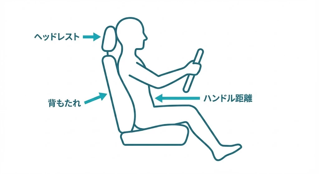 むちうち後の運転で確認するヘッドレスト、背もたれ、ハンドル距離の図