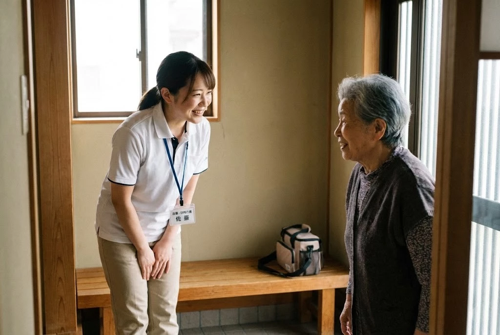 横須賀市で鍼灸整骨院ひまわり訪問事業部のスタッフが自宅で高齢者を訪問サポートしているイメージ