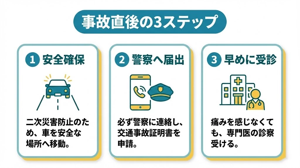 交通事故直後の対応3ステップ図