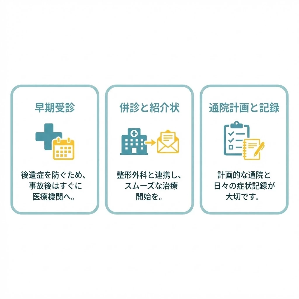 交通事故後の後遺症を防ぐ3つのポイントの図解 横須賀市