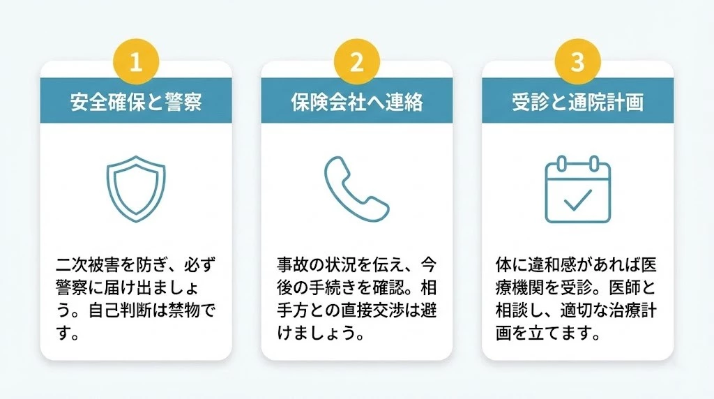交通事故後に整骨院施術へ進む3ステップの図