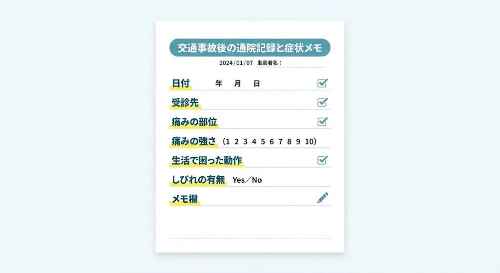 横須賀市 交通事故後の通院記録と症状メモ テンプレ図解