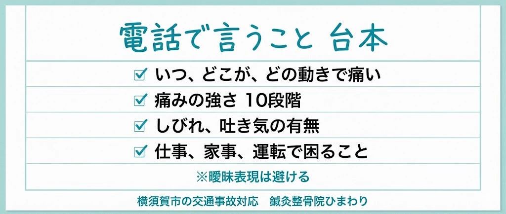 横須賀市で使える保険会社への電話台本テンプレート 交通事故後に保険会社へ伝える部位、動作、強さ、しびれ、生活への影響の電話台本