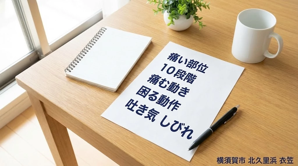 追突事故後の症状メモの作り方 追突事故後に痛い部位、痛む動き、困る動作、吐き気やしびれを記録する症状メモの例