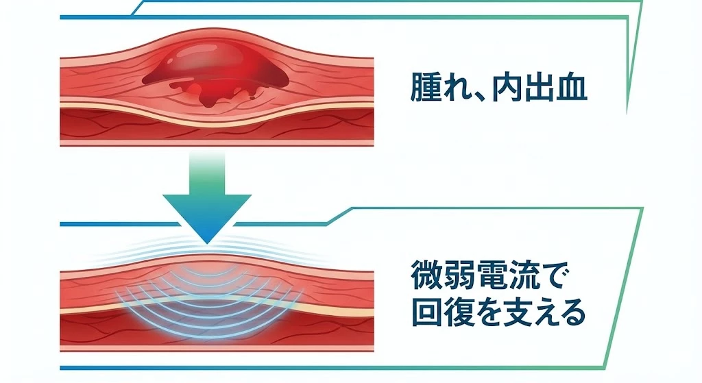 交通事故後の腫れや内出血に微弱電流MCRを補助的に検討する考え方のイメージ