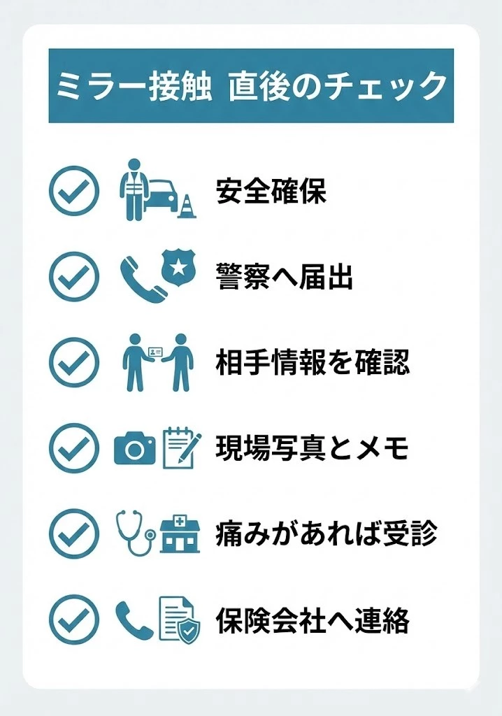サイドミラー接触事故直後のチェックリスト ミラー接触事故直後の安全確保、警察への届出、相手情報、現場記録、受診、保険連絡のチェックリスト