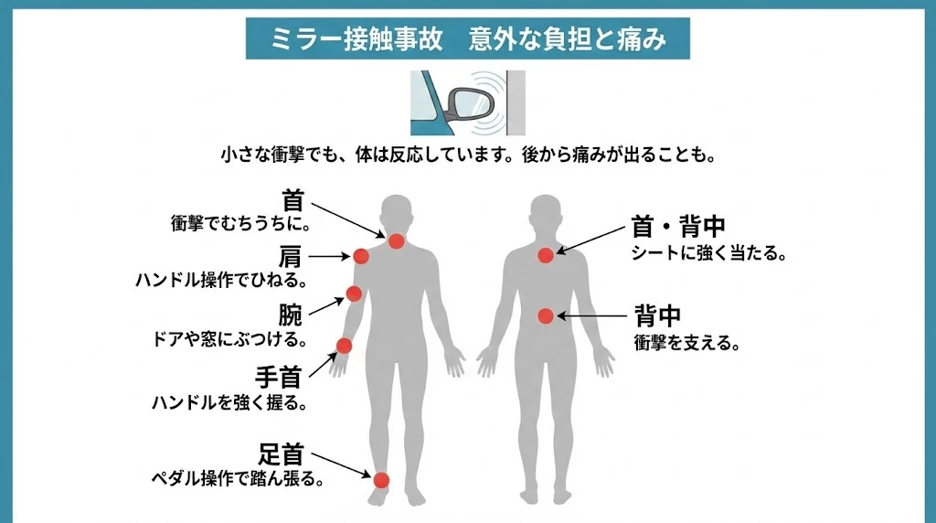 サイドミラー接触事故後に確認したい身体の部位 ミラー接触事故後に確認したい首、肩、腕、肘、手首、背中、足首の位置を示す図