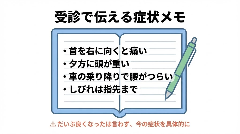 整形外科受診で伝えたい症状メモの4項目 交通事故後の整形外科受診前に症状メモを準備する例