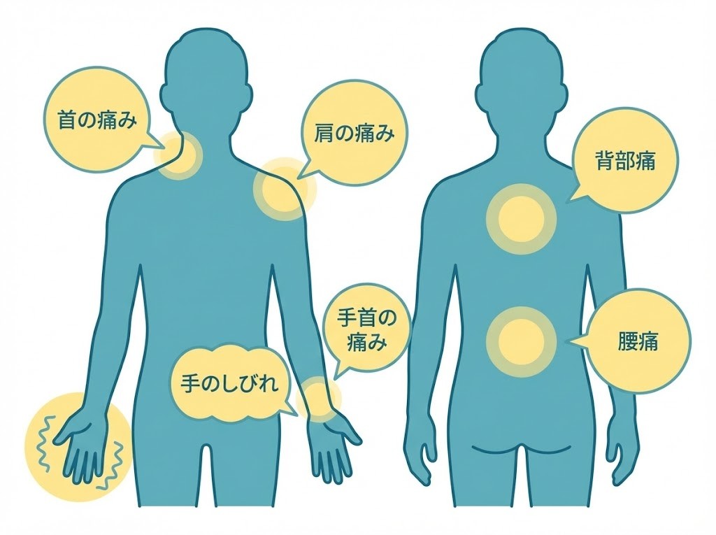 横須賀市の追突事故で起こりやすいむちうち 手のしびれ 腰痛 背部痛を部位別に示す図解 鍼灸整骨院ひまわari北久里浜院 衣笠院