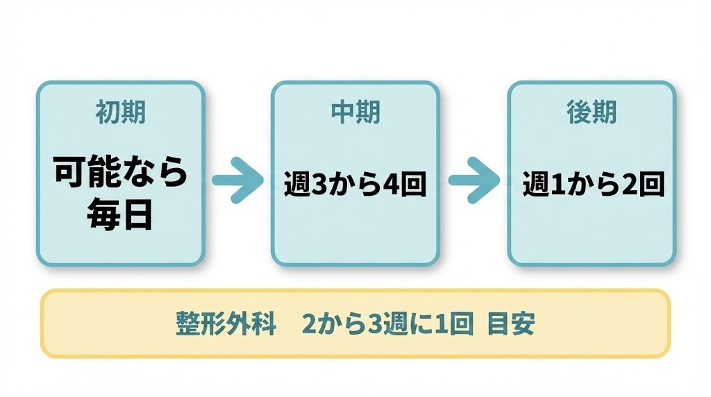 横須賀市の追突事故後の通院計画 初期 中期 後期の頻度と整形外科受診目安を示す図 鍼灸整骨院ひまわari北久里浜院 衣笠院