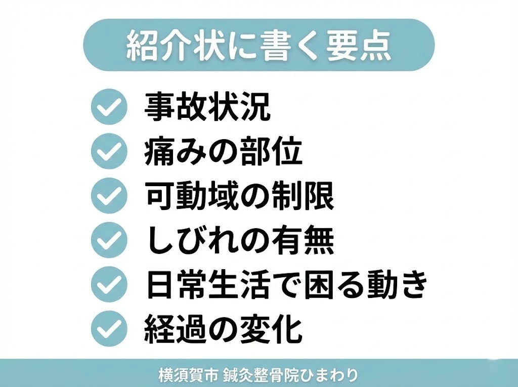 紹介状へ記載する症状と生活上の支障 交通事故後の紹介状に記載する事故状況と症状の確認項目