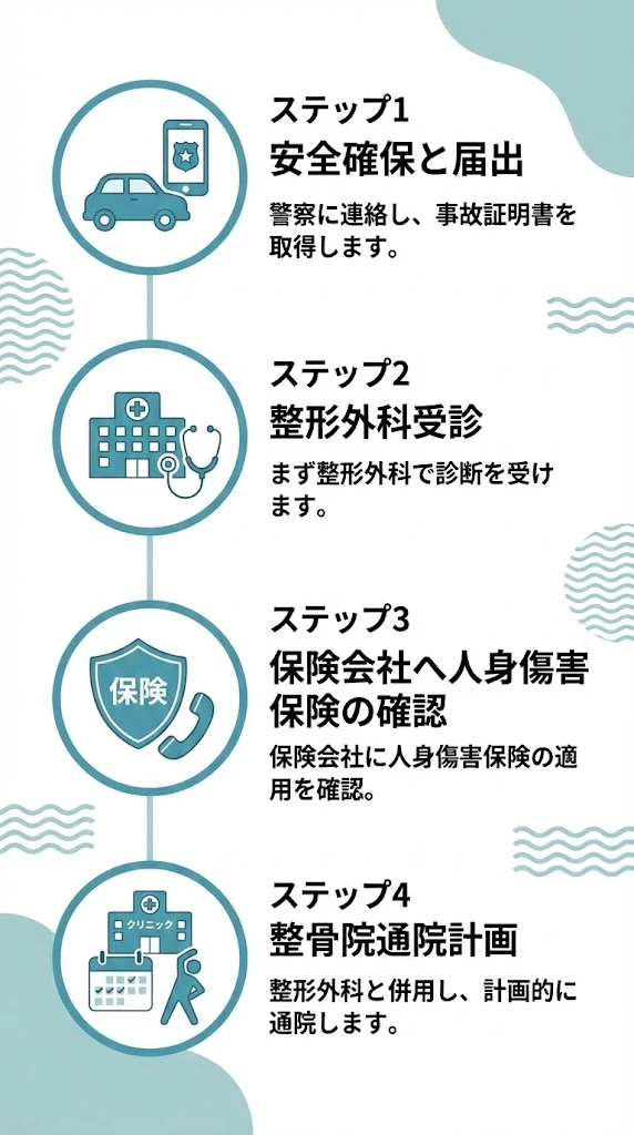 自損事故後の安全確保から整形外科受診、保険確認、整骨院の通院計画までの4ステップ図