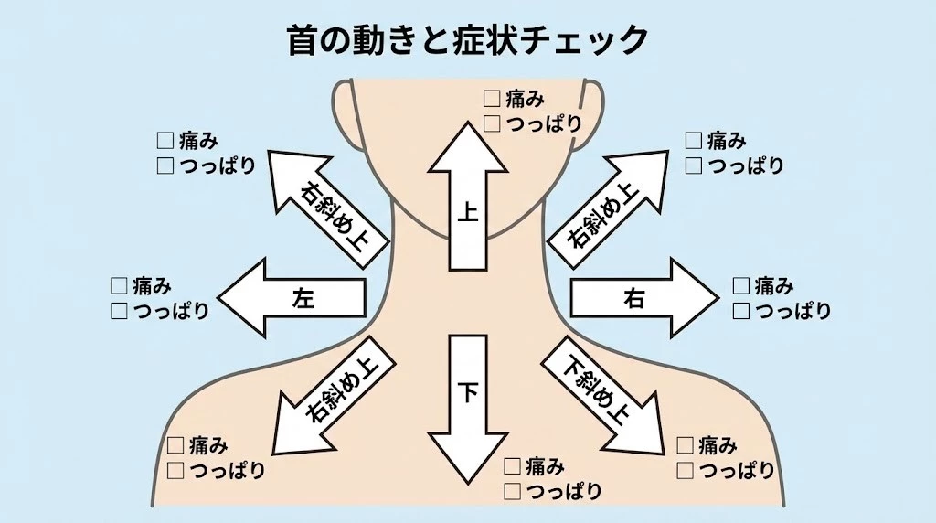 交通事故後の症状メモ、動作と角度の記録例 交通事故後の首や肩の症状を動作と角度に分けて記録する例