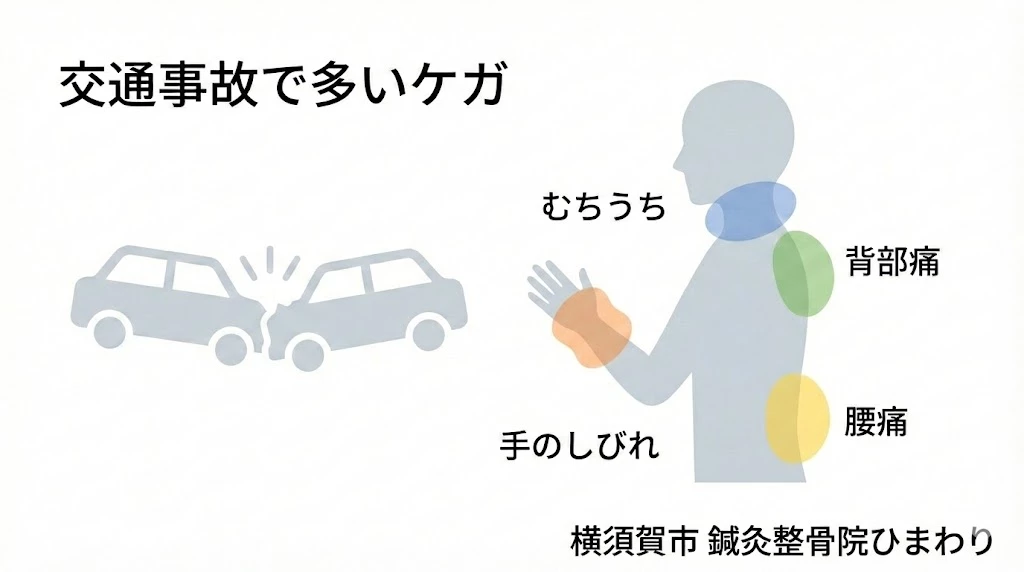 交通事故後に確認したいむちうち、手のしびれ、腰痛、背部痛 交通事故後にみられるむちうち、手のしびれ、腰痛、背部痛を示す図