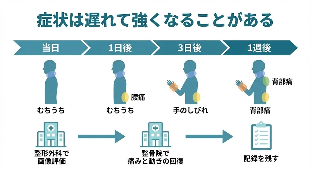 交通事故後に遅れて現れる症状と受診の順番 交通事故当日から数日後までに症状へ気づく流れと受診の順番
