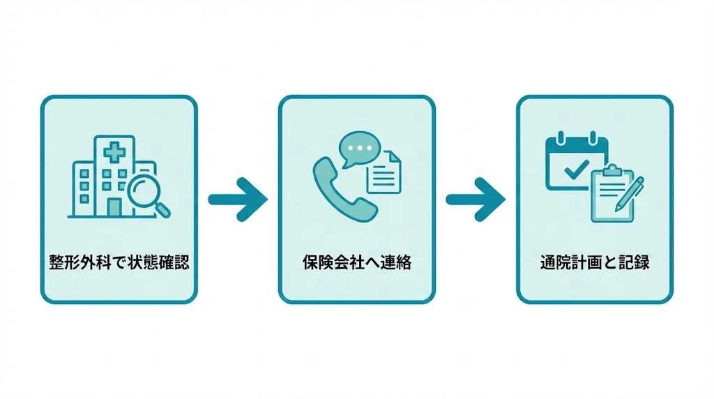 交通事故後に整骨院通院を始める3つの手順 交通事故後に整形外科で状態を確認し、保険会社へ連絡してから通院計画と記録を整える3つの手順