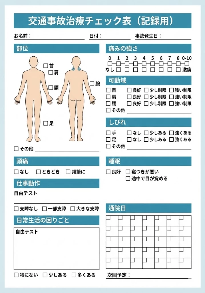 横須賀市の交通事故後遺障害に備える症状メモチェック表