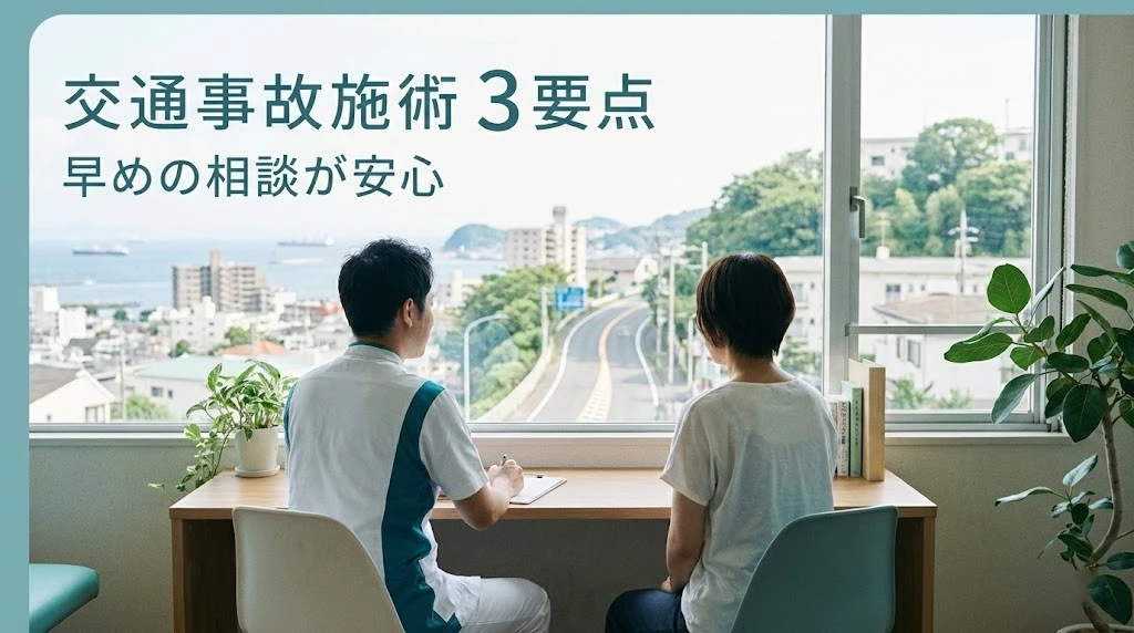 横須賀市の交通事故施術3要点 横須賀市 交通事故施術3要点 事故後の通院と回復をイメージしたヒーロー画像