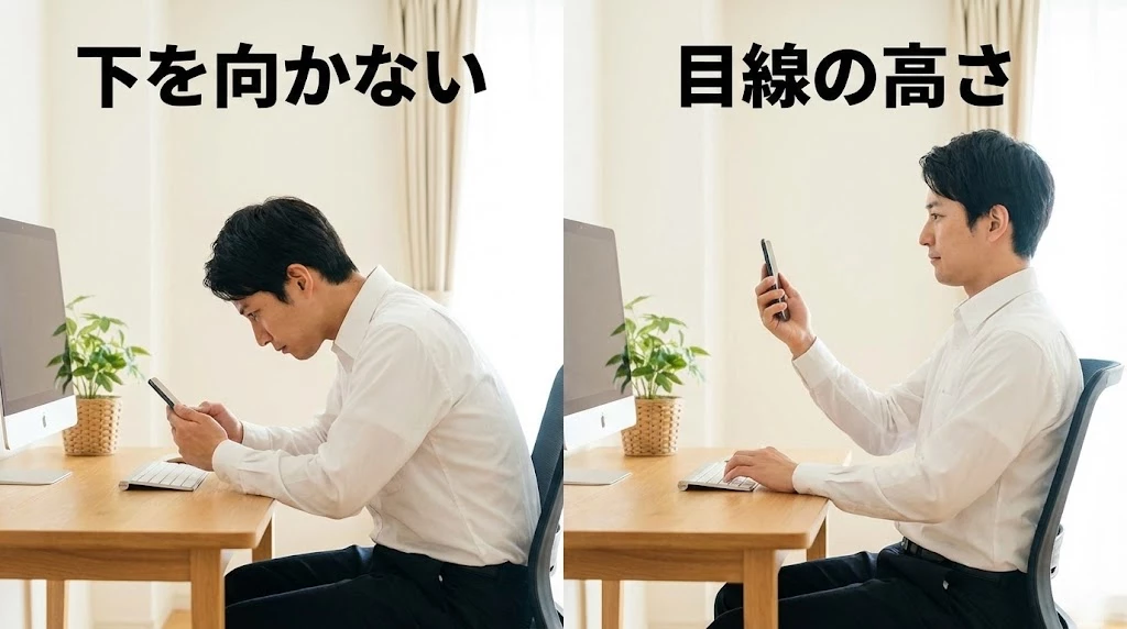 むちうち後のスマホ姿勢は下向きを減らす 交通事故後の首の違和感がある時に下向き姿勢を避けてスマホを目線に近づける比較