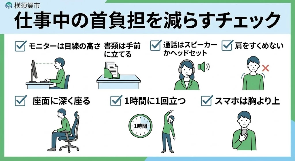 仕事中の首負担を減らすチェック 仕事中にモニターや書類、通話、座り方を見直して首への負担を調整するチェック