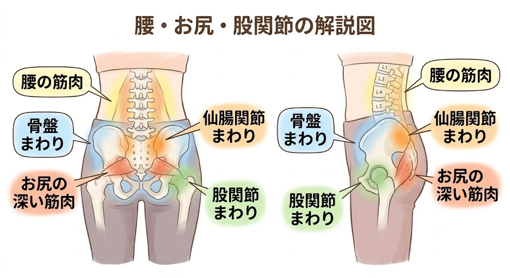 仕事終わりの腰の重だるさで負担が集まりやすい腰と骨盤まわりの組織を示した説明画像