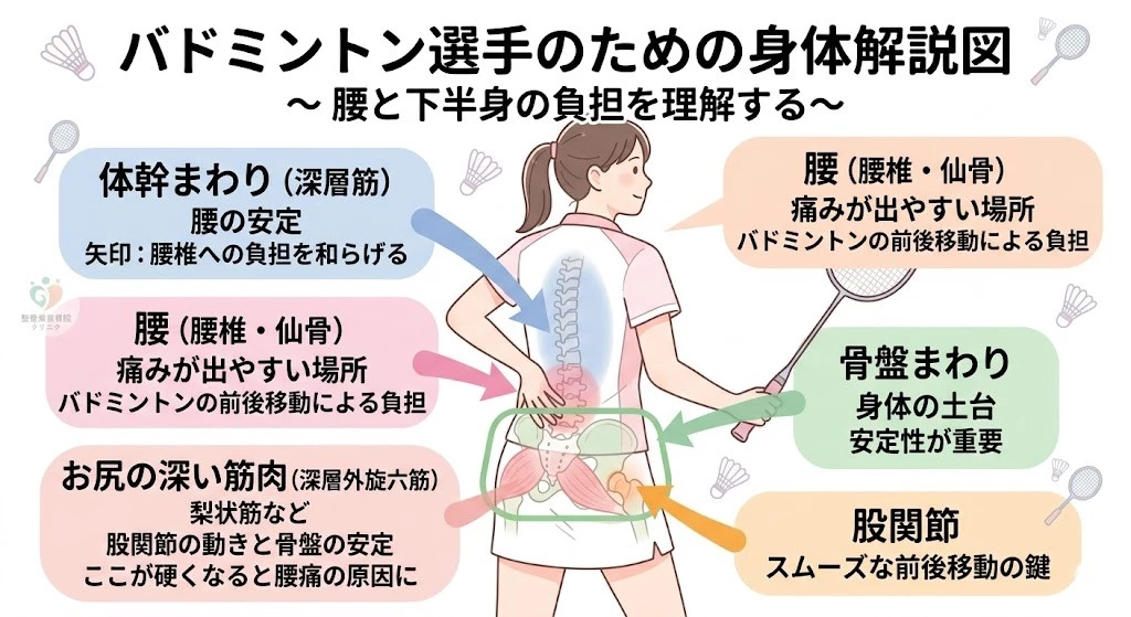 バドミントン中の腰痛で確認する腰、骨盤、股関節、体幹の図解