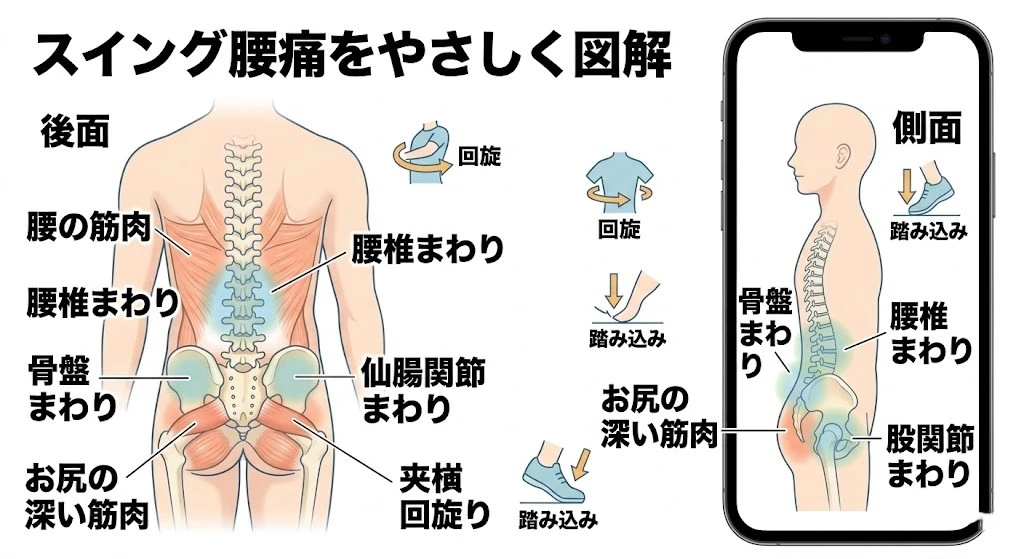 スイング時に確認する腰と骨盤まわり 回旋と踏み込みで負担が関係しやすい腰、骨盤、仙腸関節、お尻、股関節を示す図