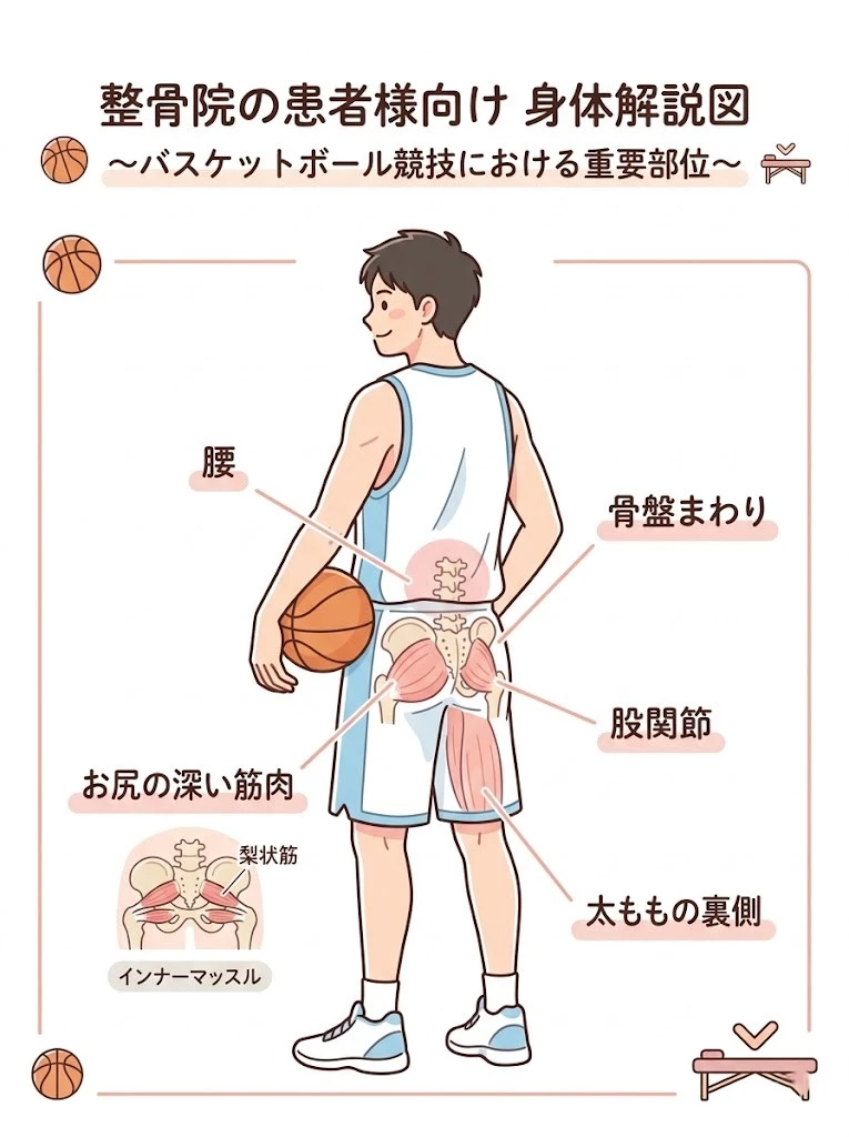 バスケ中の腰痛で確認したい身体の部位 バスケットボールで腰痛が気になる方が確認したい腰、骨盤、股関節、お尻、太ももの部位を示す図