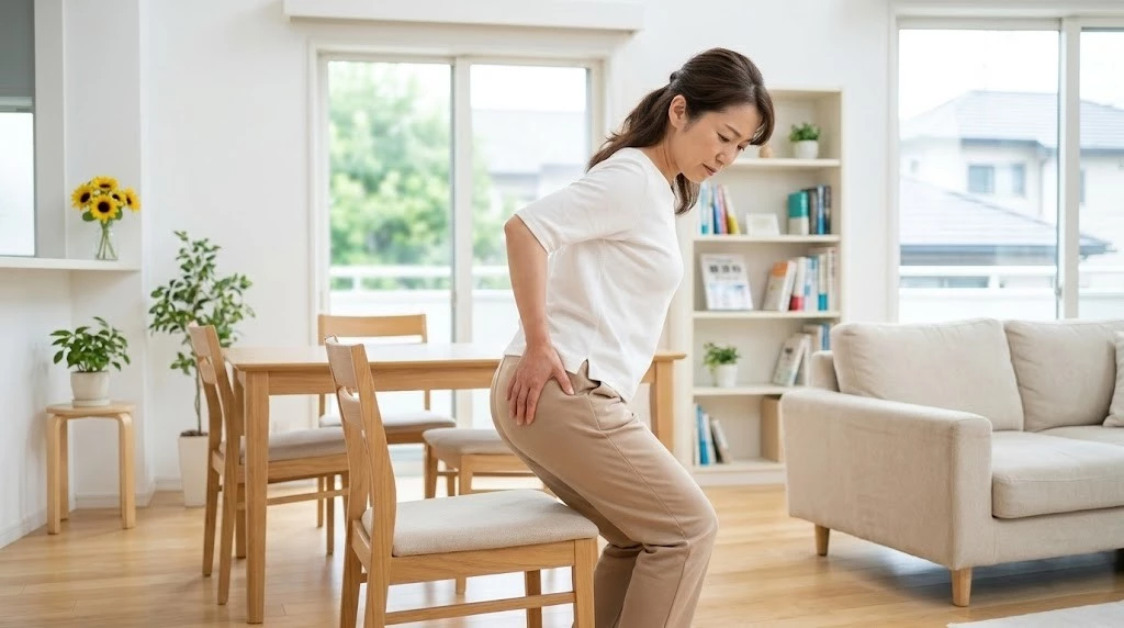 横須賀市でお尻横の痛みを気にしながら立ち上がる場面のイメージ