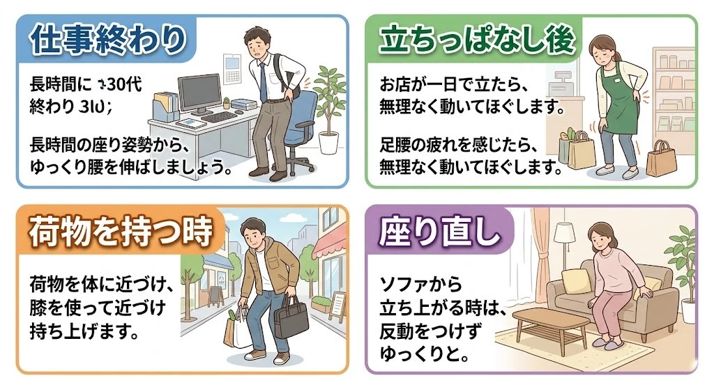 夕方に腰が痛くなりやすい場面をまとめた説明画像