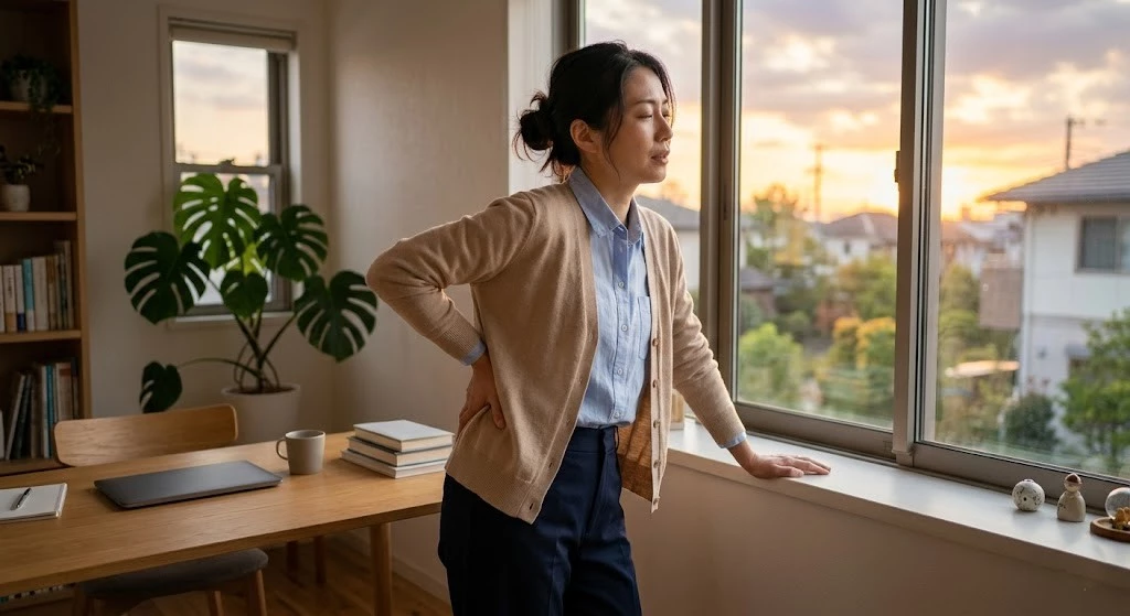 夕方に腰の重だるさや痛みを感じる様子を表した横須賀市の腰痛記事用ヒーロー画像