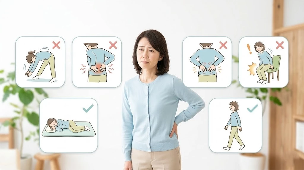 横須賀市でぎっくり腰直後に避けたい行動を示すイメージ