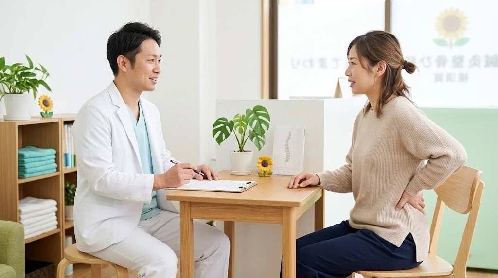 横須賀市でぎっくり腰後に相談しながら受診の流れを整理する場面のイメージ