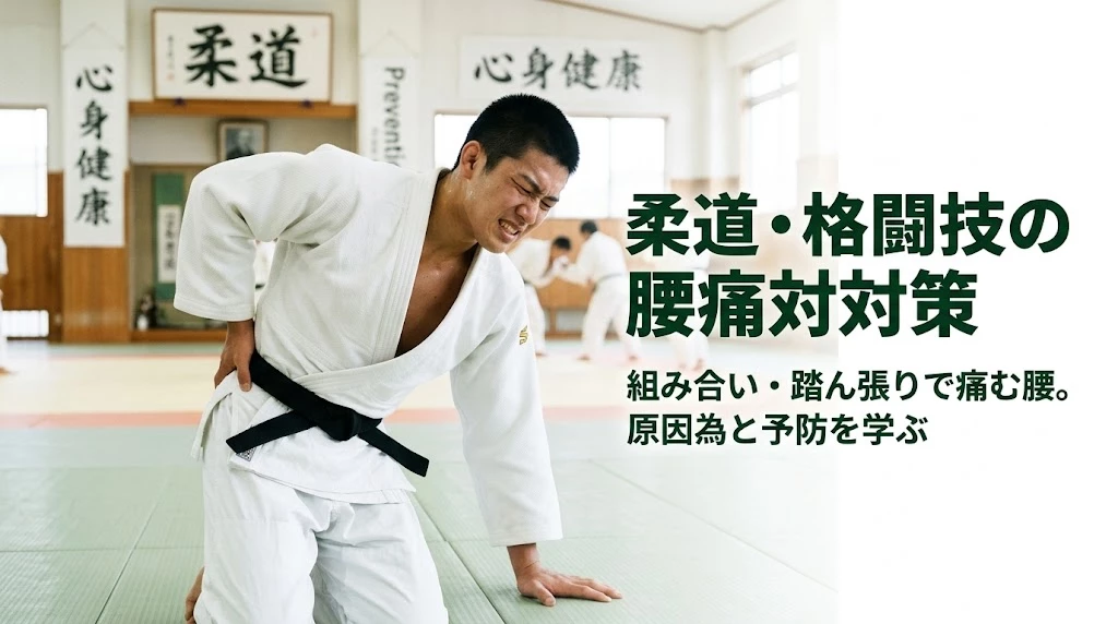 柔道や格闘技中に起こる腰痛 横須賀市で柔道の練習中に腰痛を感じて腰へ手を当てる競技者