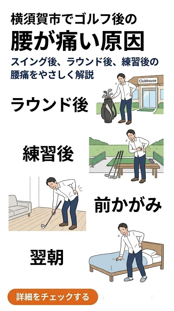 ゴルフの後に腰が痛くなりやすい場面をまとめた説明画像