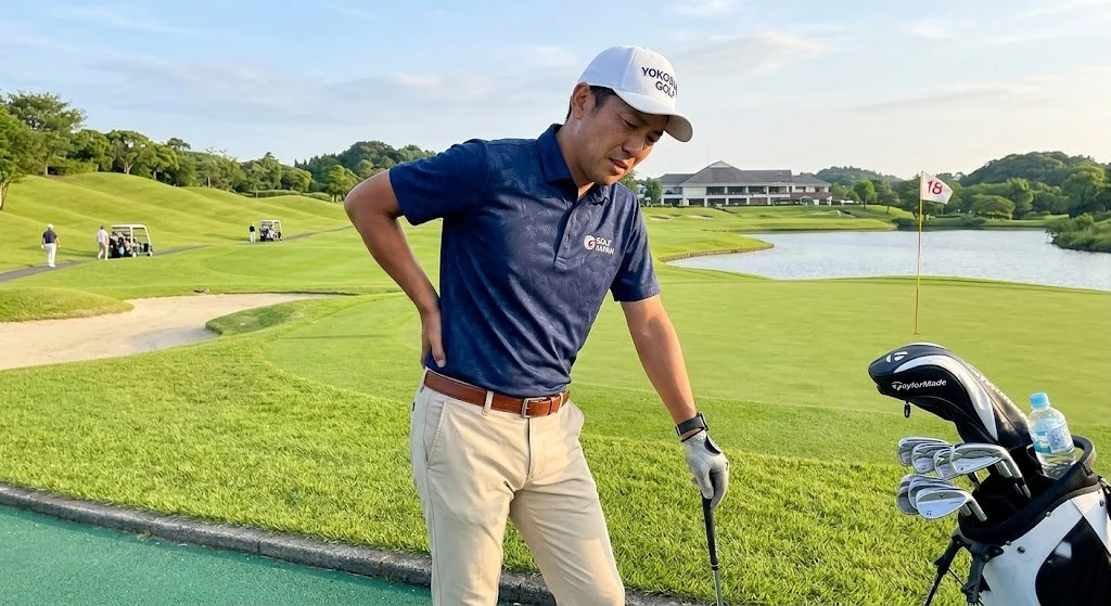 ゴルフの後に腰の痛みや張りを感じる様子を表した横須賀市の腰痛記事用ヒーロー画像