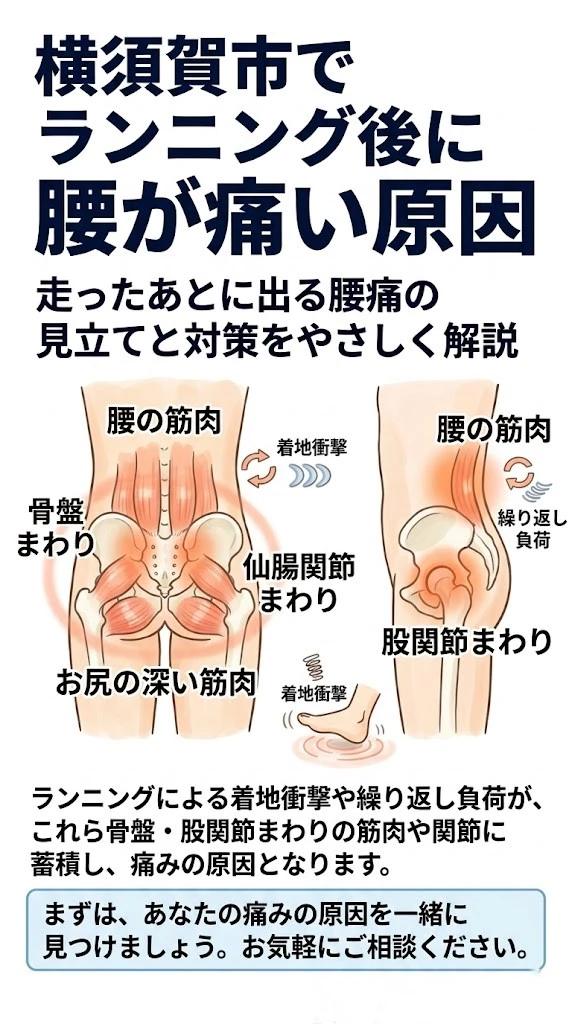 ランニング後の腰痛で負担が集まりやすい腰と骨盤まわりの組織を示した説明画像