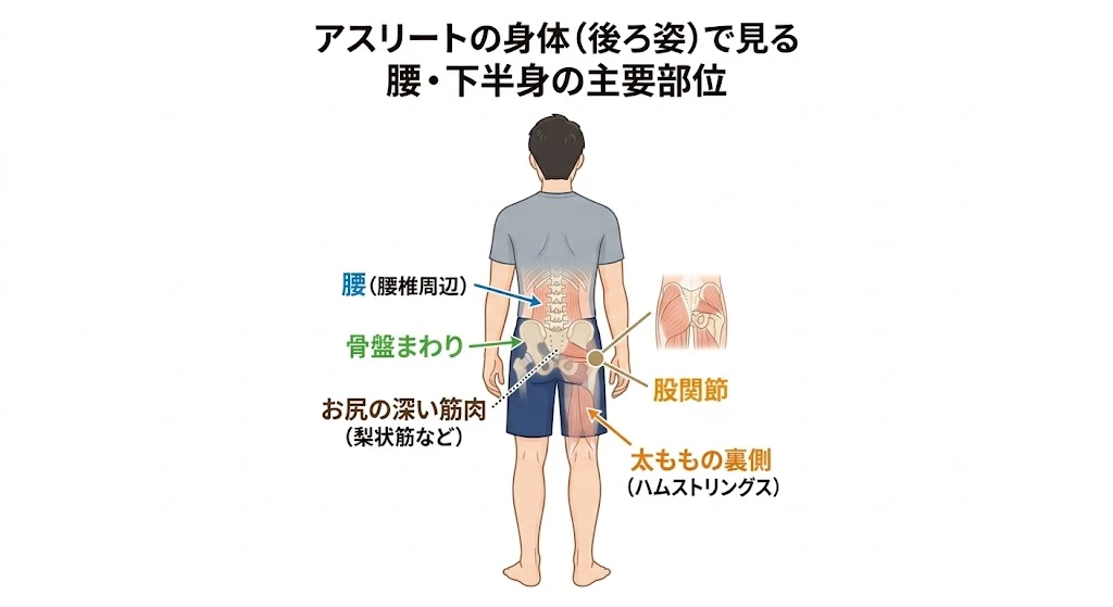 着地時の腰痛で確認する腰と下半身の部位 腰、骨盤、お尻、太ももの裏側で負担を確認する部位図