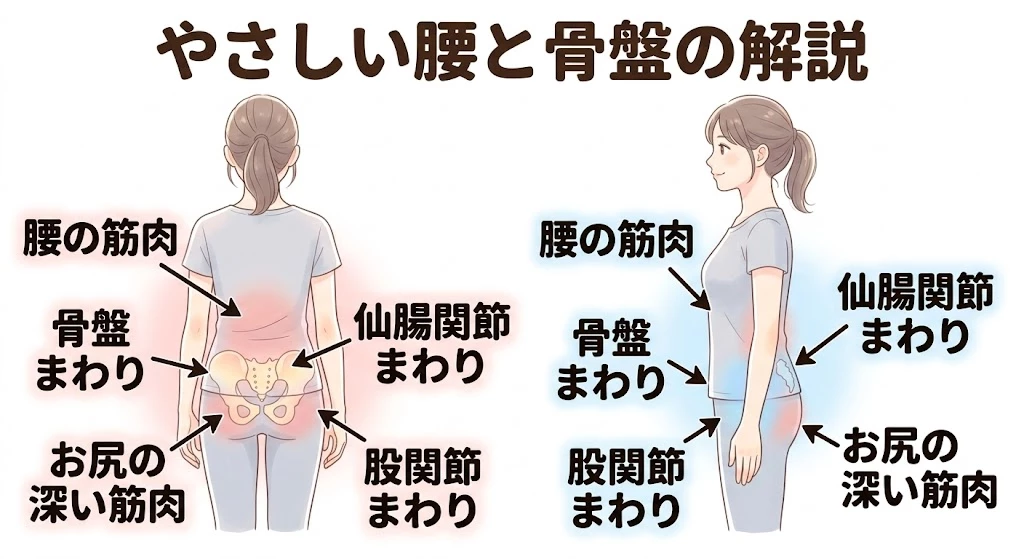 朝の腰痛で負担が集まりやすい腰と骨盤まわりの組織を示した説明画像