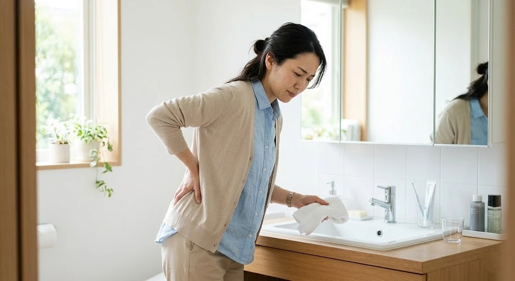 朝の支度中に腰の痛みを感じる様子を表した横須賀市の腰痛記事用ヒーロー画像