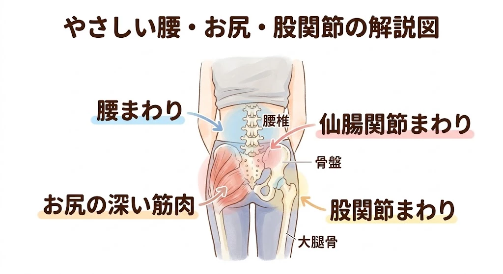 何が傷んでいると考えるか 寝起きの腰痛で負担が集まりやすい腰まわりとお尻まわりを示した説明画像